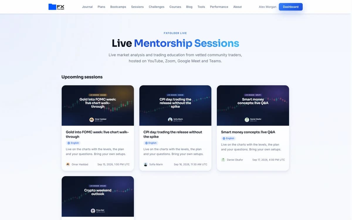 The live sessions page listing upcoming sessions hosted by community traders